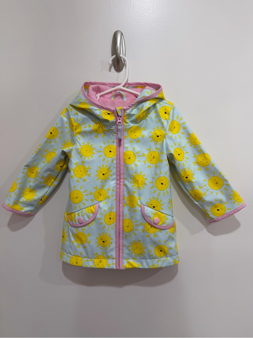 Cat & Jack Yellow Sun Print Hooded Raincoat with Pink Trim